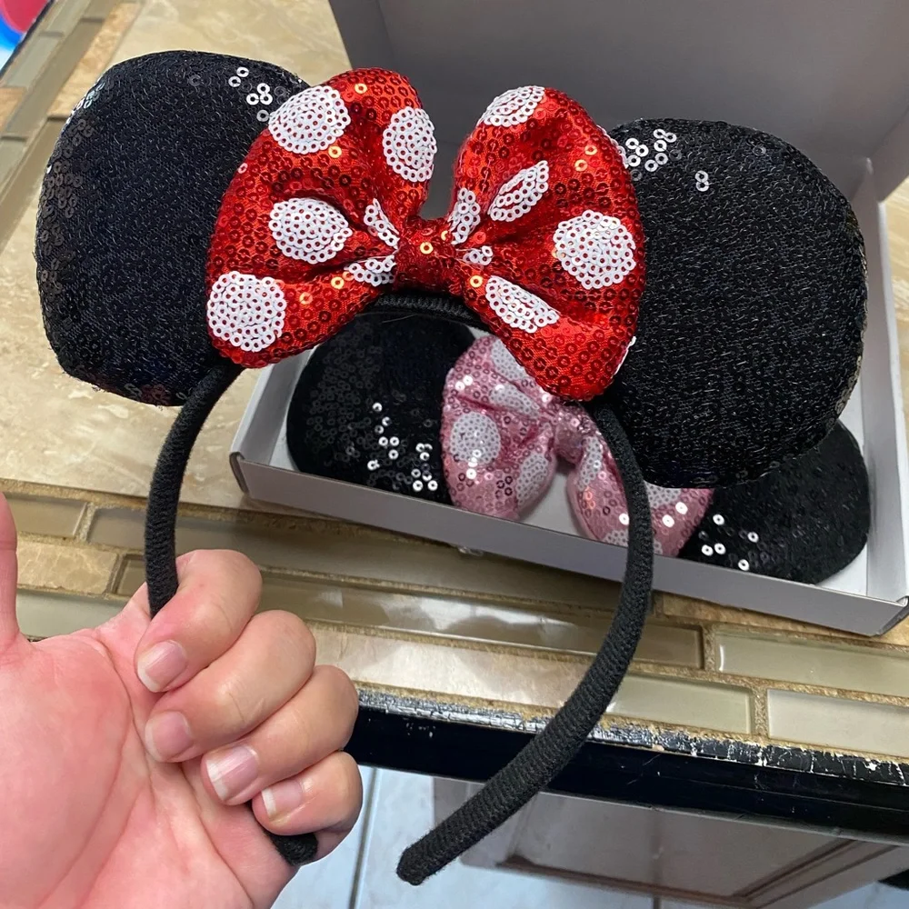 Pair of 2 NEW Pink and Red Polka Dotted Sequins Minnie Mouse Ears